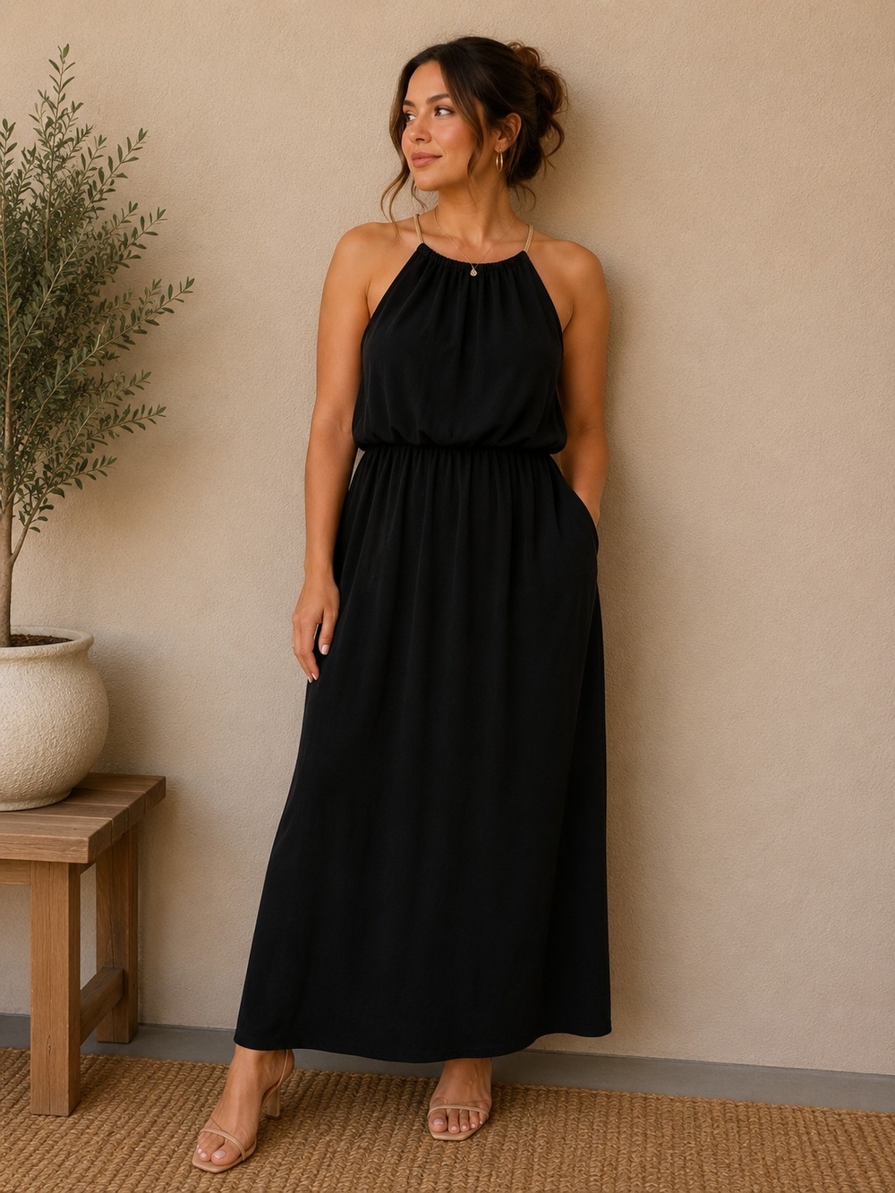 Black Halter Maxi Dress with Elastic Waist